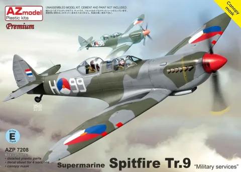 Krabice plastikové stavebnice AZ Model AZP7208 Spitfire Tr.9 Military services v měřítku 1/72