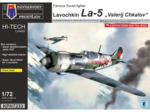 Krabice stavebnice Kovozávody Prostějov KPH7233 Lavochkin La-5 Valerij Chkalov Hi-Tech v měřítku 1/72