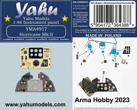 Barevná fotoleptaná přístrojová deska Yahu Models YMA4917 pro Hurricane Mk.II v měřítku 1/48