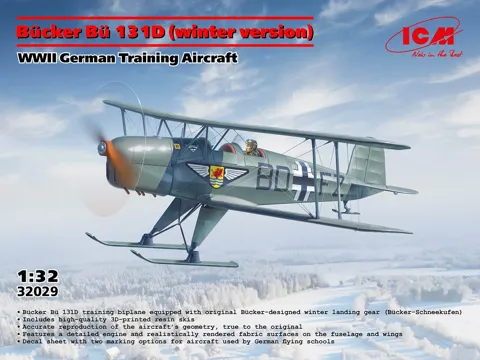 Krabice stavebnice ICM 32029 Bücker Bü 131D zimní verze v měřítku 1/32