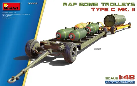 Krabice stavebnice MiniArt 50002 RAF Bomb Trolleys type C Mk. II v měřítku 1/48