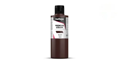 Lahvička barvy Vallejo Premium Color 63018 sépiová hnědá krycí (Sepia Opaque) 200 ml