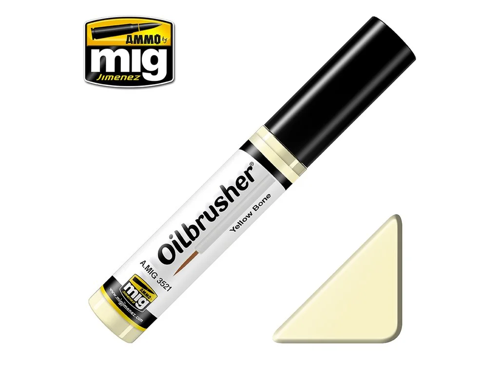 Lahvička olejové barvy AMMO Mig 3521 OILBRUSHER kostěná žlutá (Yellow Bone) 10 ml s aplikátorem