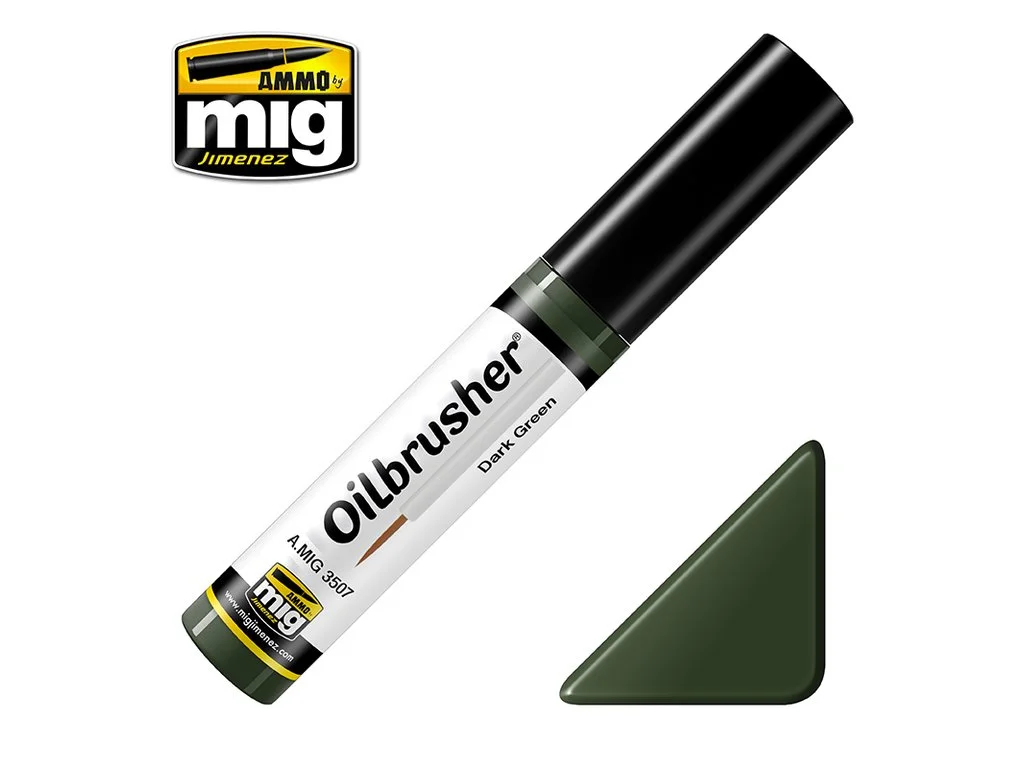 Lahvička olejové barvy AMMO Mig 3507 OILBRUSHER tmavě zelená 10 ml s aplikátorem ve víčku