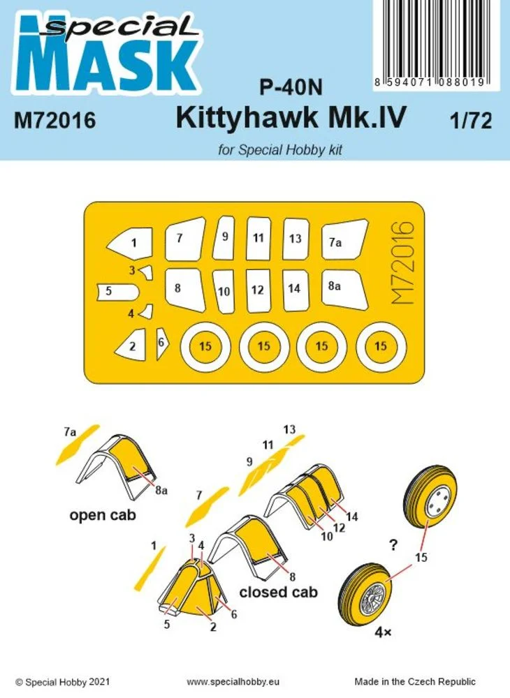 Maskovací šablony Special Hobby M72016 pro model P-40N/Kittyhawk Mk.IV v měřítku 1/72