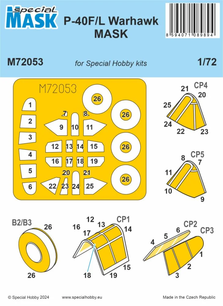 Sada maskovacích šablon Special Hobby M72053 pro P-40F/L Warhawk v měřítku 1/72