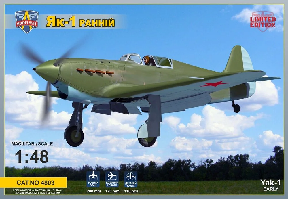 Krabice plastikové stavebnice ModelSvit 4803 Yak-1 raná verze v měřítku 1/48
