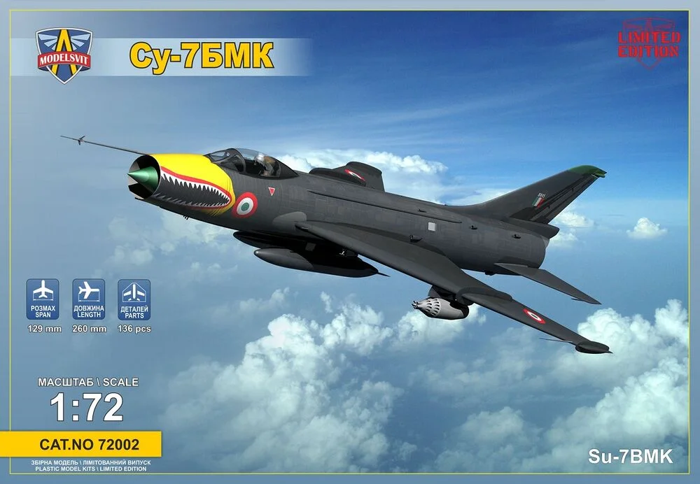 Krabice plastikové stavebnice ModelSvit 72002 Suchoj Su-7BMK exportní verze v měřítku 1/72