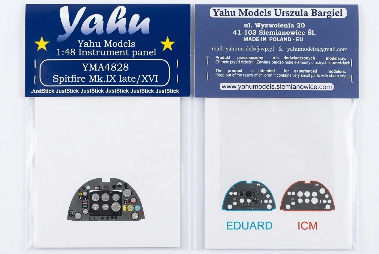 Barevná leptaná přístrojová deska Yahu Models YMA4828 pro Spitfire Mk.IX/XVI v měřítku 1/48