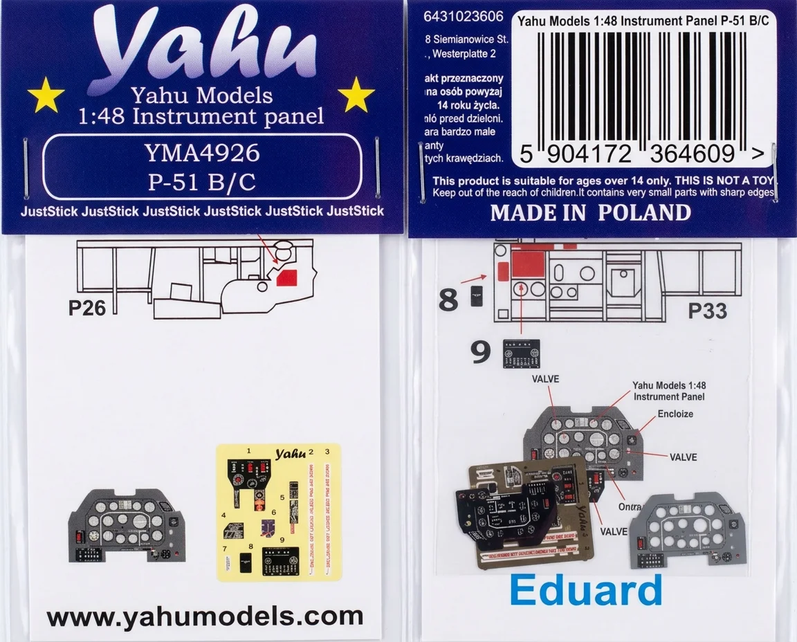 Barevná fotoleptaná přístrojová deska Yahu Models YMA4926 pro P-51 B/C v měřítku 1/48